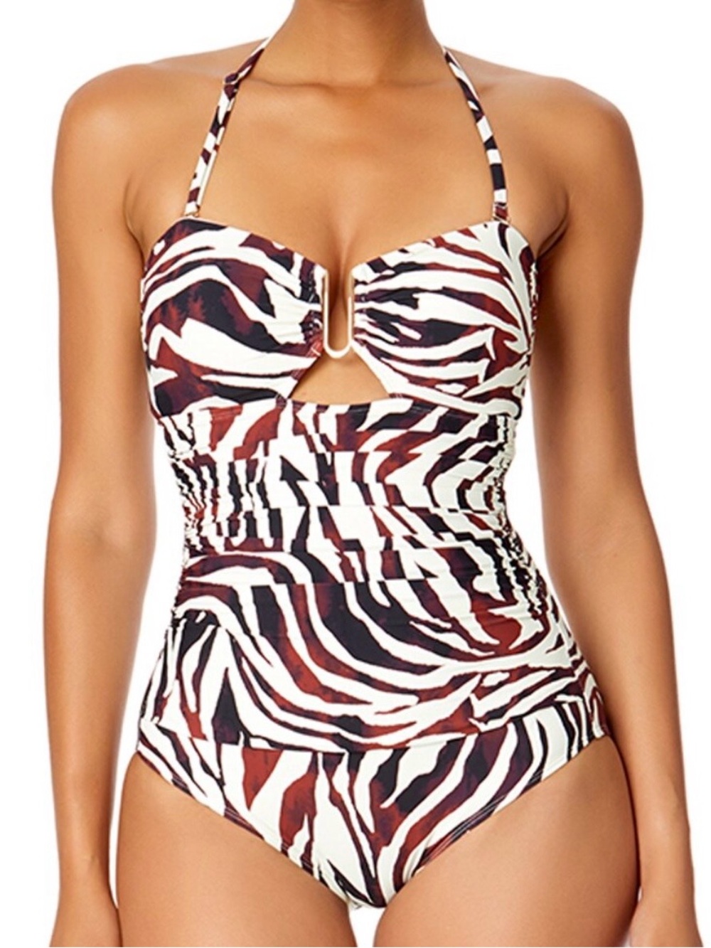 Zebra-Print Halter 2 -Piece Swimsuit in White and Brown